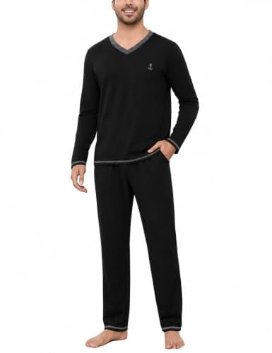 Marvmys Herren Schlafanzug Baumwolle Langen Ärmeln Pyjamas Zweiteilige | V-Ausschnitt , Atmungsaktiv, Bequem, Kontrastfarben, Langarm Shirt mit Tasche