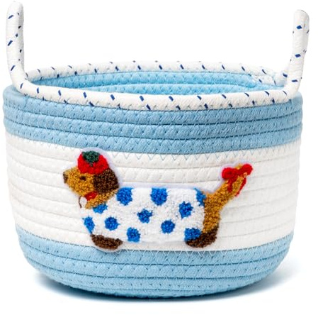 Lianxuia Cute Dog Toy Storage Basket with Handle, Soft Woven Cotton Rope Storage Basket, 12.6 x 8.3in Baby Shower Basket Organizer for Towels, Blanket, Toys, Gifts, Clothes