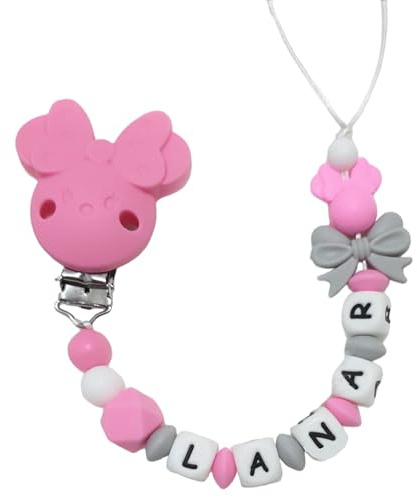 Maus Silikon Schnullerkette mit Wunschname – Maus Motiv mit Schleife– Personalisierter Schnullerhalter – BPA-frei & Handgemacht – Perfektes Babygeschenk zur Geburt oder Babyshower (Rosa) (Pink)