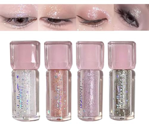 4 Stück Flüssiger Glitzer Lidschatten Eyeliner, Koreanisches Make-up, Langanhaltender Bling Lidschatten, Verwischfestes Wasserdichtes Augen-Make-up, Schimmernder Hochpigmentierter Glitzer für Kristall