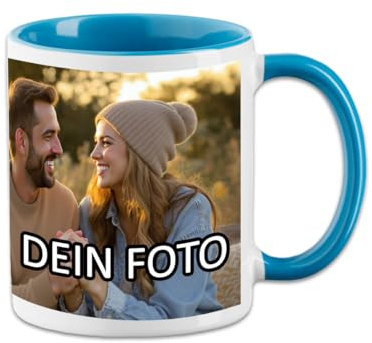 Fototasse personalisiert mit eigenem Foto – personalisierte Tasse bedrucken lassen als Geschenkidee, individueller Fotobecher für Geburtstag Hochzeit Valentinstag (Blau)