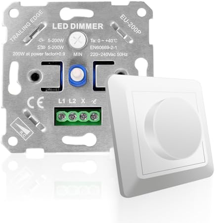 Dhqkqg Dimmer Schalter 220-240V, LED Dimmer für LED Lampen, Push-On/Off Rotary Phasenabschnittsdimmer für Lampen, Glühlampe und Halogenlampe, Cremeweiß