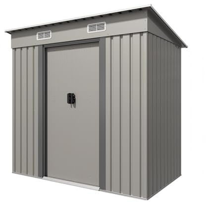 Triumphkey Metall Gerätehaus 183x109x182cm mit Fundament 3.6m³, Gartenhaus mit Pultdach & 2 Schiebetür, Farradgarage, Wetterfest für Gartengeräte und Mülltonnen, Grau