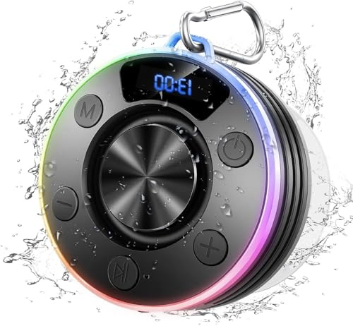 Dyurwa Wasserdichter Bluetooth Duschlautsprecher mit Zeitanzeige, IPX7 Waterproof Shower Speaker, Starker Bass, Saugnapf & Hakenclip, Freisprecheinrichtung, Musikbox für Badezimmer, Hochwertige