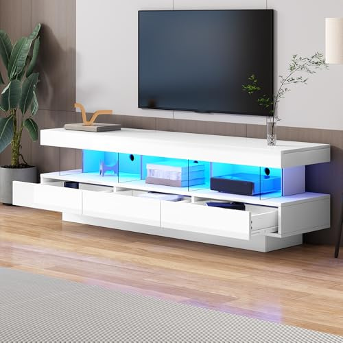XQJLSL Hochglanz TV-Schrank mit 3 Glasablagen Kommode mit Schubladen TV-Ständer mit LED-Beleuchtung App-Steuerung Lowboard für Fernseher bis zu 70 Zoll TV Möbel Tisch Sideboard Weiß