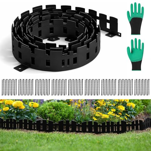 Bordo per prato in plastica, 15 m, flessibile, con 90 ancoraggi a terra e guanti, per prato, aiuole e sentieri, bordo per falciatrice (nero, 15 m)