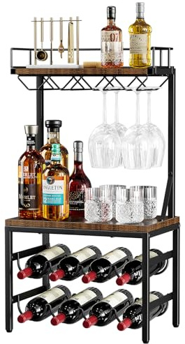 Nuovoware Mobile bar 3 ripiani, porta-bottiglie 8 bottiglie, Marrone+Nero