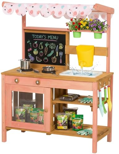 AIYAPLAY Cocina Infantil de Barro con toldo, Cocina de Madera para Exterior con Jardinera, Pizarra, Fregadero, Utensilios de Cocina y Herramientas de jardín, Juguetes de simulación para Exterior,