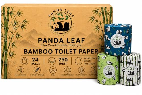 Panda Leaf Bamboo Toilet Roll 24 Pack – 3 Ply Premium Bamboo Toilet Paper, 250 Sheets Per Roll, Extra Larger Sheets, Plastic-Free Packaging, FSC Certified, Soft Strong Sustainable Tissue
