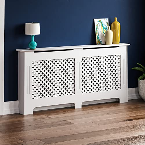 Vida Designs Oxford Radiator Cover – Traditional Cross Pattern, White, MDF, Elegant Painted Finish, Heat Efficient, Extra Large, (H 82 x W 172 x D 19 cm)