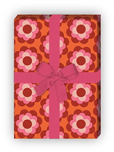 Kultiges 70er Jahre Geschenkpapier Set (4 Bogen), Dekorpapier mit Blüten Muster als edle Geschenk Verpackung zur Geburt, Ostern, Geburtstag, Hochzeit, Weihnachten 32 x 48cm, in orange rot