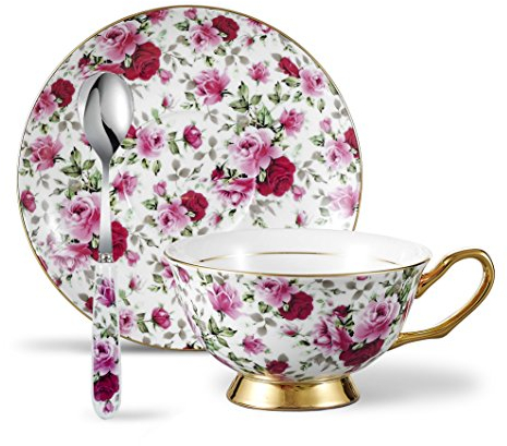 Panbado Juego de Tazas Florales de Café de China de Hueso, 200ml, Juegos de Café de Porcelana Blanca y Translúcida Vajillas de Té para Hogar, Oficina, Restaurante, Regalo para Cumpleaños, Festival