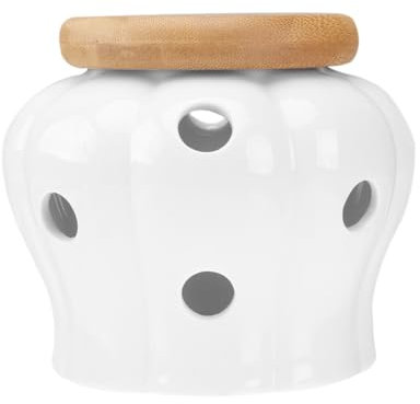 BESTONZON Tarro de Cerámica, Tarro de Almacenamiento Redonda con Tapa de Bambú para Guardar Ajos, Color Blanco - 13 x 13 x 11 cm