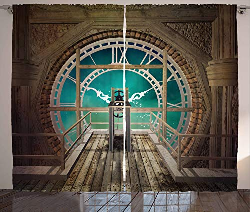 ABAKUHAUS Steampunk Rustikaler Gardine, Fantasy Clock Tower, Schlafzimmer Kräuselband Vorhang mit Schlaufen und Haken, 280 x 245 cm, Türkis