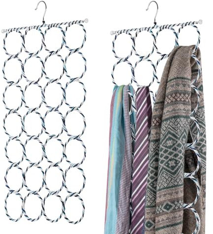 Flexzion Schal-Organizer für den Schrank – 28 Fächer, Schal-Kleiderbügel, Hijab-Organizer, platzsparend für Socken, Schals, Krawatten, Handtücher, Gürtel, Mehrzweck-Hängeregal, 2 Stück, Farben können