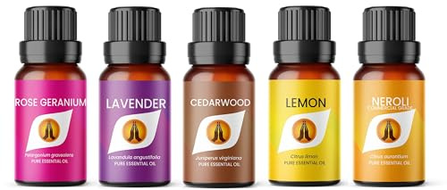 Anxiety Essential Oil Set for Diffusers | Lavender, Lemon, Neroli, Cedarwood & Rose Geranium 5 x 10ml | for Home Aromatherapy Gift for Her & Him, Candle Making, Soaps etc