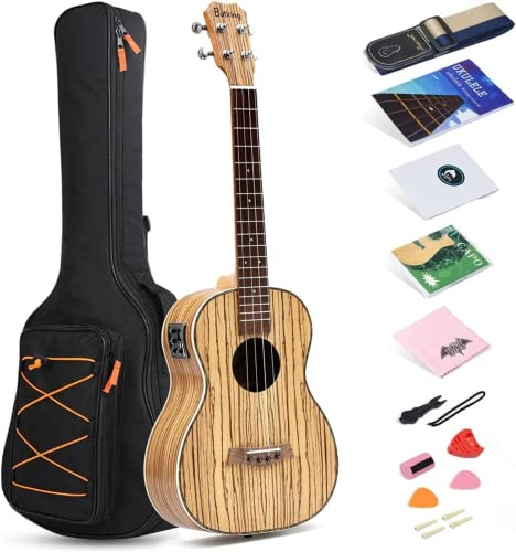 Ukulélé Baryton acoustique en bois zébré satiné de 76,2 cm Baritone Ukelele avec préampli et égaliseur intégré, médiators, cordes en nylon de rechange, sac inclus