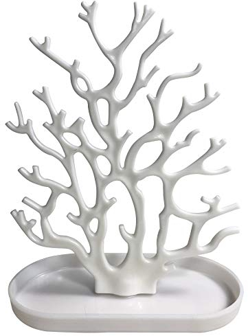 NewFerU Korallenbaum-Schmuckständer zum Aufhängen an Halsketten, Armbändern, Ohrringen, Organizer mit einem Ring für Uhren, Tablett für Frauen und Mädchen (weiß)