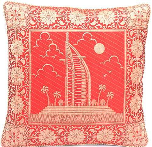Ruwado Indische Banarasi Seide Deko Kissenbezüge 40 cm x 40 cm, Extravaganten Designs für Wohnzimmer und Schlafzimmer Dekoration - Burj AL Arab mit Rand 40 x 40 cm | 16 x 16 Zoll, Orange-7