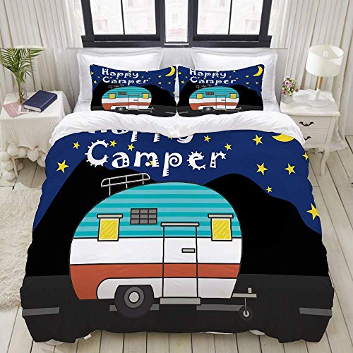 HARXISE Reversible Beige Bettbezug Voll, Happy Camper Camping Cartoon Home Hotel Wohnheim Dekorative Bettwäsche Set + 2 Kissenbezüge, Gedruckt
