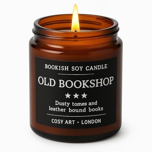 Vegan Natural Gift Candle - Old Bookshop Scent - Soy Wax Candle for Men, Women, Book Lovers - Amber Glass 200ml