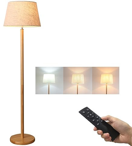 ACMHNC LED Dimmbar 12W Wohnzimmer Stehlampe, Holz Stehleuchte mit Fernbedienung E27 Standleuchte mit Leinenstoff Lampenschirm Skandinavischer Leselampe für Schlafzimmer Arbeitszimmer,Grau
