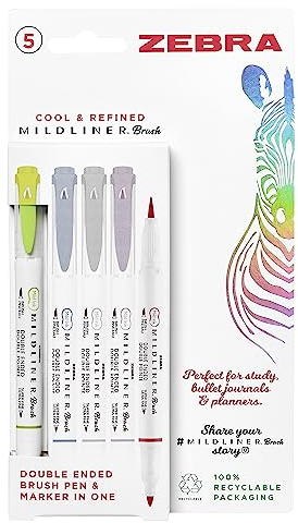 Zebra Pen MILDLINER Dual Tip Pinselstifte, Filzstifte für Erwachsene, Rundspitze und Pinselspitze für Stil und Komfort, doppelseitige Mildliner-Malstifte, coole und raffinierte Farben, 5 Stück