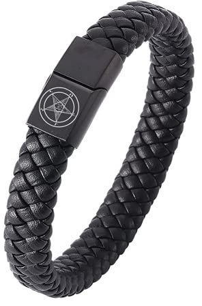 ForeverWill Satanisches Siegel des Satans Armband - Edelstahl Wickelleder Amulett Baphomet Umgekehrtes Pentagramm Ziegenschutz Symbolischer Magnetarmreif, Herren Satanas Talisman Armband, 20,5cm
