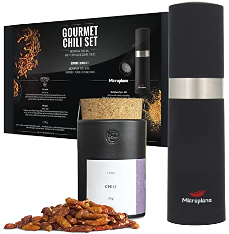 Microplane Chilimühle im Set mit getrockneten Birds Eye Chilischoten in Einer Geschenkbox