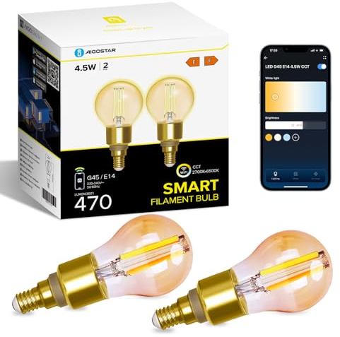 Aigostar Alexa Glühbirne E14, Smart LED Vintage Lampe, Smarte Glühbirne G45 Bernstein Globe, 4.5W 470LM, Warmweiß Dimmbar 2700K -6500K, Kompatibel mit Alexa und Google Home, 2 Stücke