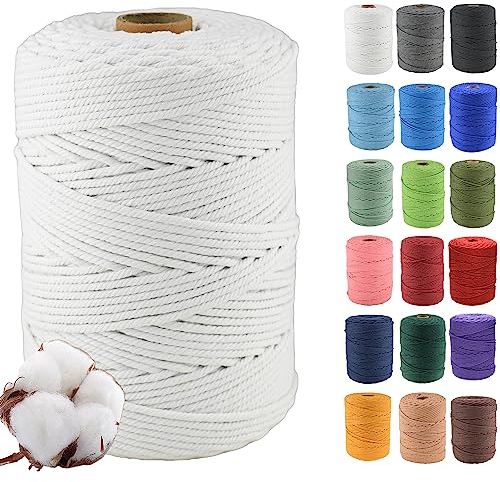 Klhamky 4mm×300m Natur Macrame Baumwollkordel - Baumwoll-Macrame-Seil, 4-fach verdrillt aus 100% natürlicher Baumwolle für handgemachte Wandbehänge, DIY, Basteln, Stricken