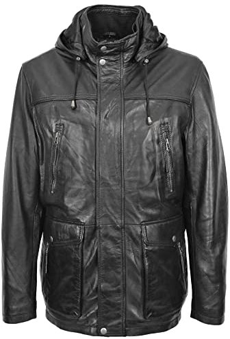 A1 FASHION GOODS Mens Soft Leather Parka Black With Hood 3/4 Long Car Coat Classic Duffle Jacket Dave (S)