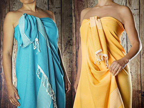 Happy Towels Hamamtuch 2-Stück Packung | Badetuch | Saunatuch | Extra Lang & Weich Gewebt | 210 cm x 95 cm | 60% Tencel™ Lyocell und 40% Baumwolle | Fairtrade (Mango Gelb und Türkisblau, 2)
