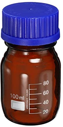PATIKIL 100mL Reagent Media Bottle, 1Pcs Round Graduated Glass Storage Bottle Blue Screw Cap for Chemistry Lab Universities Home, Amber