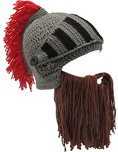 YEKEYI - Cappello invernale caldo a forma di elmo di vichingo con corna e barba, lavorato a maglia, in lana, divertente