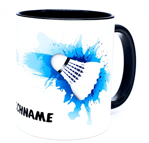 Badminton Tasse mit Namen personalisiert Federball Becher Geschenk Fan Kaffeetasse Zubehör Geburtstag Accessories Ausrüstung Dekoration Deko Equipment Geschenkideen Trainer Artikel Spieler Mann Frau
