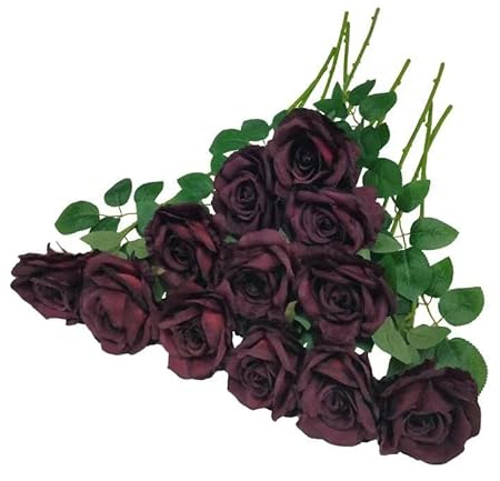 Burgunderrote Rosen, künstliche Blumen, 12 Stück burgunderrote künstliche Blumen, künstliche Rosen, künstliche Rosen mit Stielen für Hochzeitsarrangement, Tafelaufsätze, Zuhause, Tischdekorationen