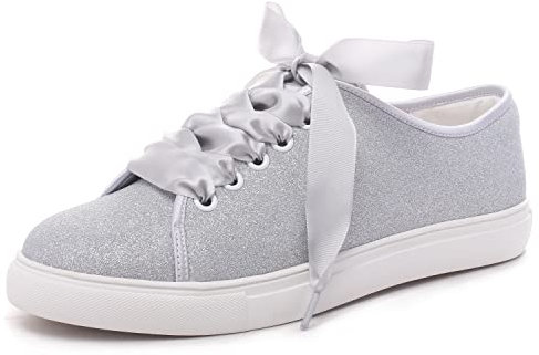 Elivandon 16052 Hochzeit Schuhe Bling Braut Turnschuhe Flats Braut Tennisschuhe Glänzende Pailletten Schuhe Funkelnde Turnschuhe Farbe Silber,Größe 40 EU (6.5 UK)