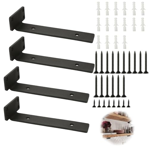 LOLYSIC 4 Pack Shelf Brackets, 200mm 8 Inch Heavy Duty Scaffold Board Shelf Bracket, 5mm Thick Cast Iron Floating Shelf Bracket Supports Wall Brackets for Shelves, Black