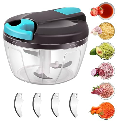Domkan Cortador de cebolla de 520 ml, cortador de cebolla manual con 3 cuchillas de acero inoxidable, 5 cuchillas extra y 1 batidora, cortador de cebolla, cortador de cebolla con disc