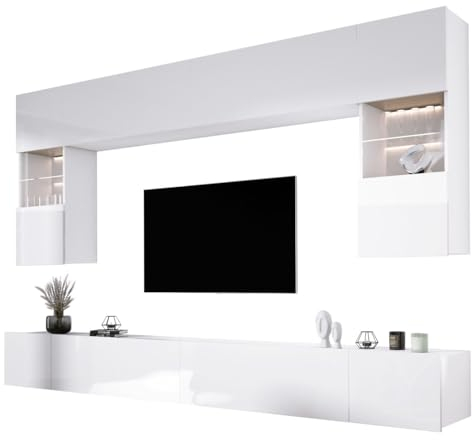 3E 3xE living.com Ensemble Meuble TV Mural, Blanc Mat/Blanc Brillant, Meuble Mural à LED pour Salon