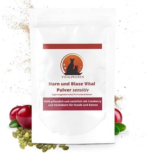 Vitalpfoten 75 Gramm Harn und Blase Vital sensitiv Pulver für Hunde & Katzen mit Cranberry, Mannose und Kürbiskern, pflanzliche Hausmittel - Rezeptur bei Blasenentzündungen und Inkontinenz