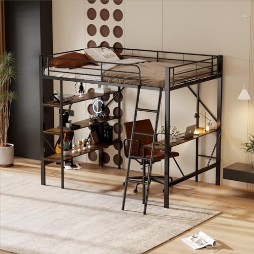 Idemon 90 x 200 cm, struttura letto in metallo, letto a soppalco con scrivania e tre ripiani grandi, per bambini, ragazzi e adulti, colore: nero