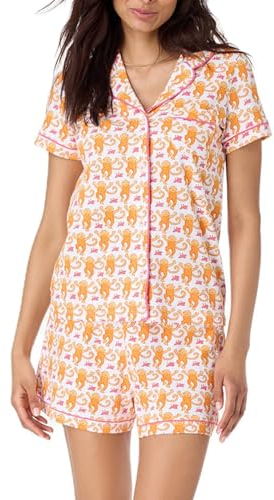 Achlibe Süßer Sommer-Pyjama für Damen, Loungewear-Set, Y2K-Grafikdruck, kurzärmelig, Hemd und Shorts, Pyjama-Set, A-orangefarbener Affe, 46