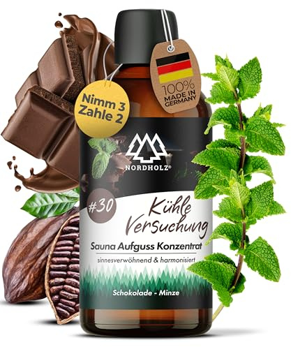 NORDHOLZ® Saunaaufguss 100ml [60 Sorten] Sauna Aufgussmittel Konzentrat | Sauna Duft · #30 Kühle Versuchung · Kakao & Pfefferminze · minzig & süß · Mit ätherischen Ölen · Made in Bayern