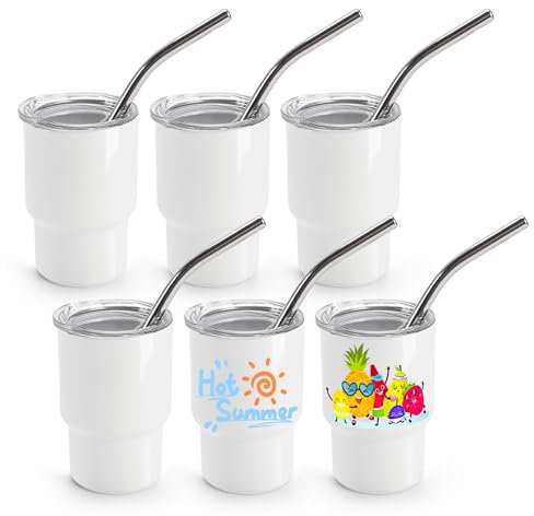 Joyclub 3 oz Mini Tumbler Shot Glass with Straw and Lid 6 Pack White Mini Cup Stainless Steel Sublimation Shot Tumblers for Wedding Party Whiskey Favors