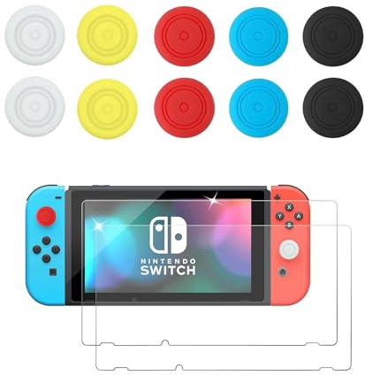2 UD. Cristal Templado Nintendo Switch | 10 UD. Grip Nintendo Switch | Protector Nintendo Switch | Cristal Resistente y Antihuellas | Funda joystick Nintendo Switch