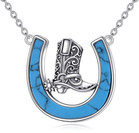 POPLYKE Türkis Hufeisen Cowgirl Stiefel Halskette Sterling Silber Western Wild West Cowgirl Texas Boot Horse Lover Geschenk