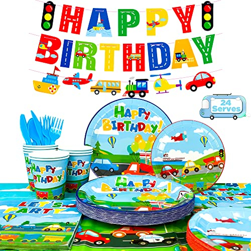 Decoración de Cumpleaños de Transporte,190pcs Transporte Cumpleaños Decoraciones Vajilla Set - Banner de Cumpleaños de Transporte Platos Mantel etc Suministro de Fiesta de Cumpleaños de Transporte