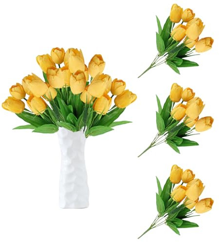 astylishome Outdoor Artificial Plants 21 Pcs Tulips Fake Flowers Real Touch for Party Home Wedding Bridal Bouquet Arrangements Decoration Room Wedding Home Decor Yellow 0113